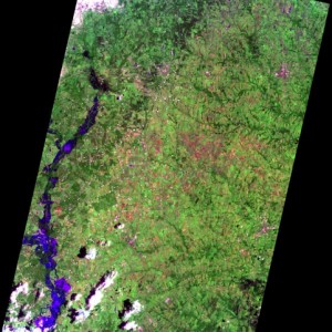 EO-1 image showing the flooding along Peach Creek in Texas at 1045 Central Daylight Time on 27 May 2015. Courtesy of NASA.