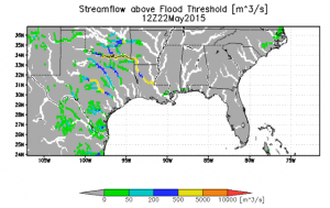 Inundation forecast at 1-km resolution for southeastern Texas valid 1800 UTC 28 May 2015 produced by the Global Flood Monitoring System of the University of Maryland in support of the Flood Pilot.