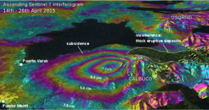 Perspective view of deformation at Calbuco as determined from a Sentinel-1a interferogram. Courtesy of ESA