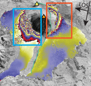 InSAR data spanning eruptions in January and March of 2014 show surface deformation due to magmatic activity and gravitational instability. A co-eruptive RADARSAT-2 interferogram shows significant motion along the unstable southwest sector of the edifice (Figure left). Each color fringe represents 2.8 cm of deformation. Fringes located in the blue box indicate motion away from the satellite, while red boxes indicate motion toward the satellite. This interferogram shows ~6 cm of deformation on the eastern portion of the edifice caused by the intrusion of a dike. Even greater displacements are observed on the southwest flank due to co-eruptive flank motion. Coherence loss is significant due to the magnitude of deformation, but other SAR data have measured ~83 cm of co-eruptive flank displacement.