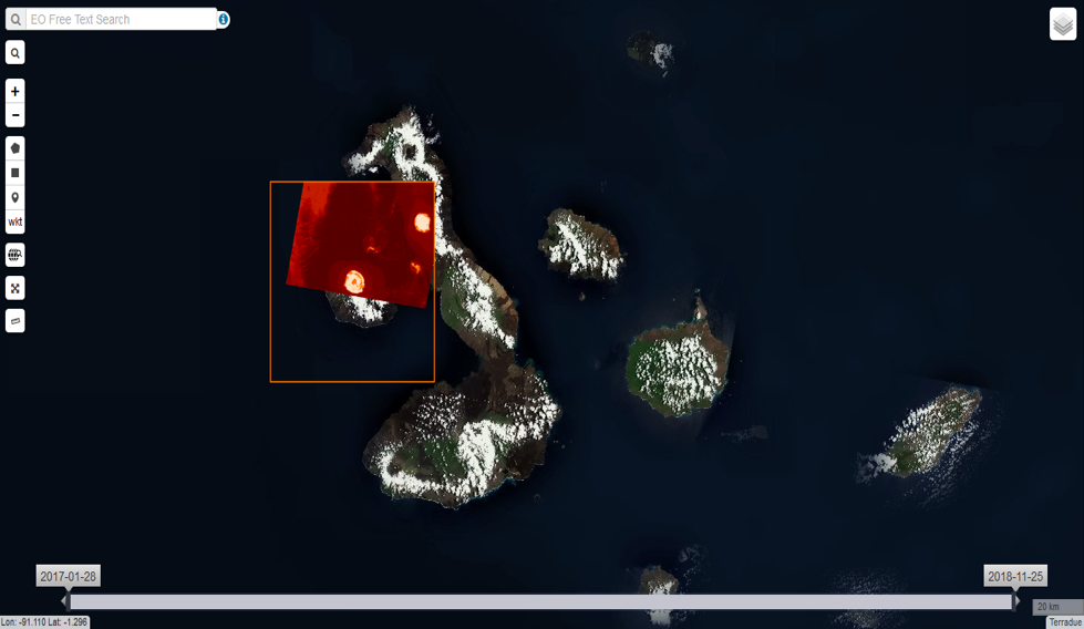 Surface Temperature Map over the Galapagos Islands, Ecuador on 2018/11/02 (INGV STEMP). Hot temperature is visible in bright white-yellow in the crater of two volcanoes on the Fernandina Island (west) and on the Isabela Island (east). Contains modified Copernicus Sentinel-2 data.
